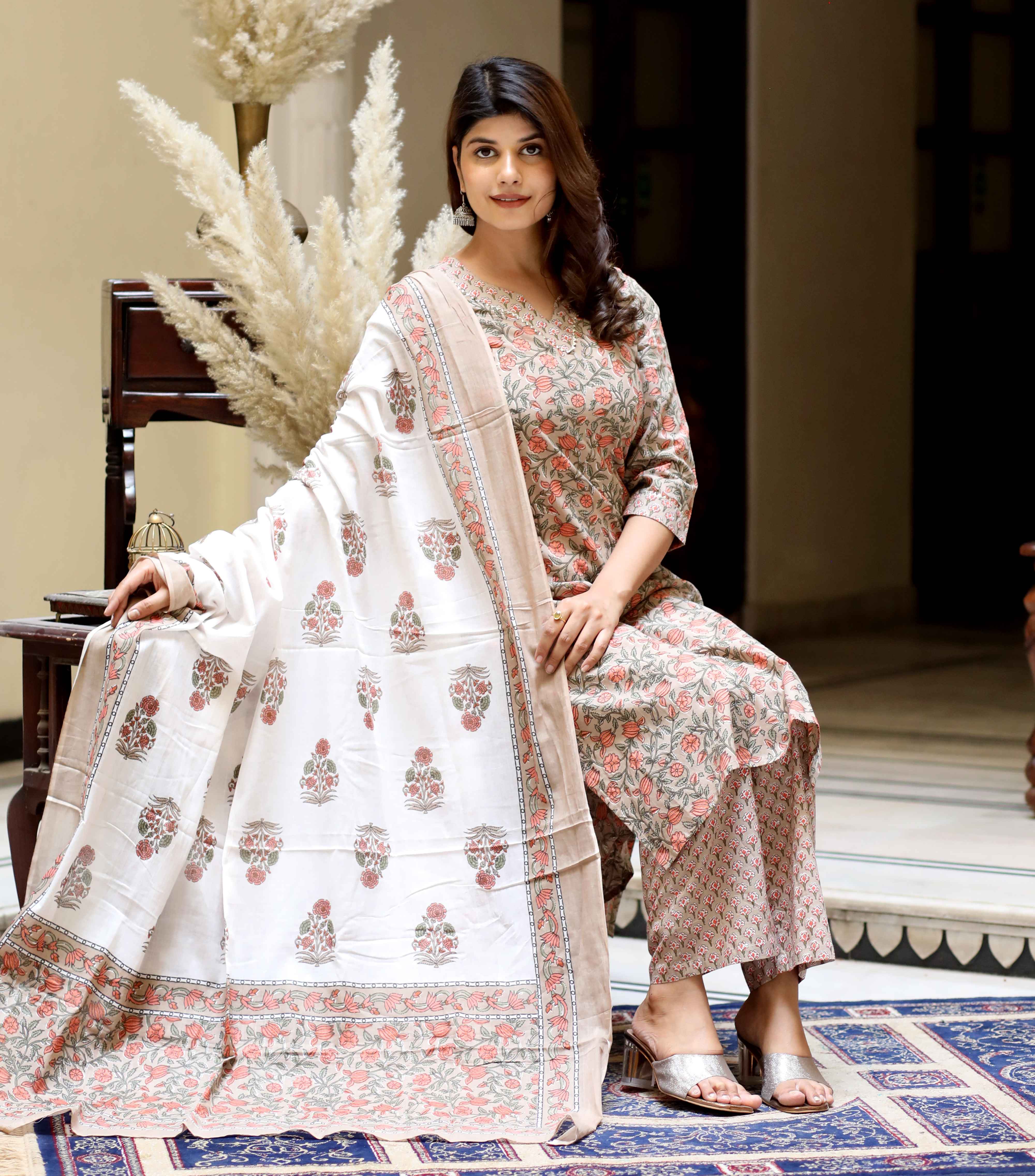 Brown Floral Printed Kurta with Palazzo Set – Rajasthani Inspired Party Wear